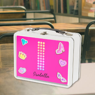 Hot Pink Letter I Monogram Girly Back To School Metal Lunch Box