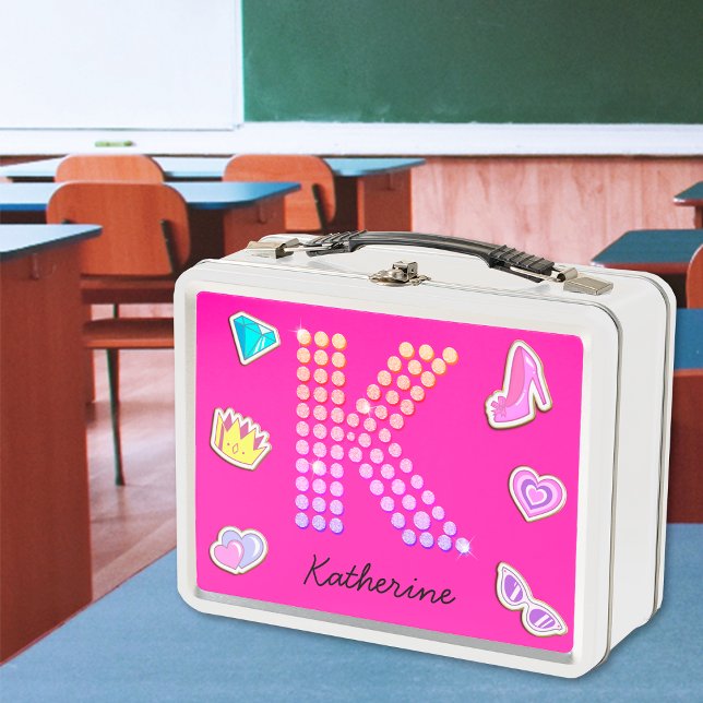 Hot Pink Letter K Monogram Girly Back To School Metal Lunch Box (Front)