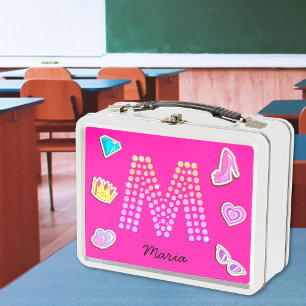 Hot Pink Letter M Monogram Girly Back To School Metal Lunch Box