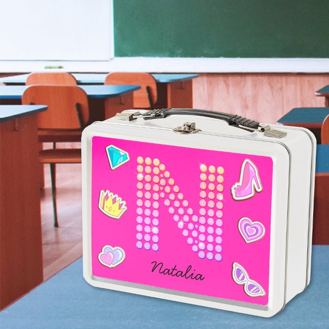 Hot Pink Letter N Monogram Girly Back To School Metal Lunch Box (Front)