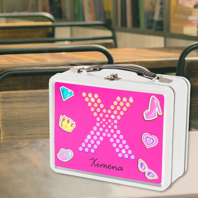Hot Pink Letter X Monogram Girly Back To School Metal Lunch Box (Front)