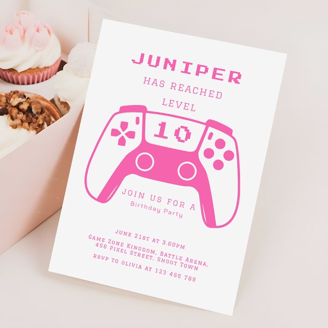 Hot Pink Level Up Gamer Girls Birthday Party Invitation (Creator Uploaded)