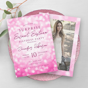 Hot Pink Lights Photo SURPRISE Sweet 16   Invitation