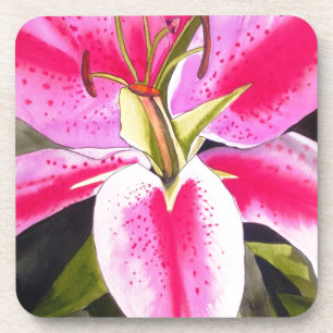 Hot pink lily Tenerife pop art watercolor flower Coaster