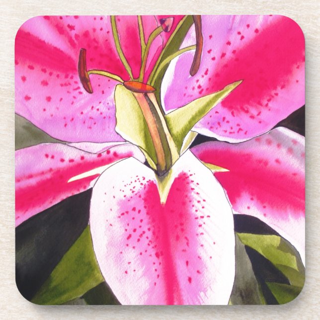 Hot pink lily Tenerife pop art watercolor flower Coaster (Front)