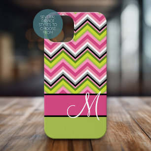 Hot Pink Lime Chevron Pattern Custom Monogram iPhone 15 Case