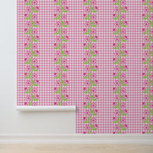 Hot Pink & Lime Floral Column on Gingham Wallpaper