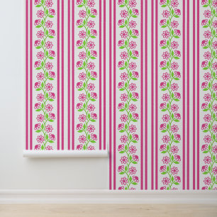 Hot Pink & Lime Floral Column Stripe Wallpaper