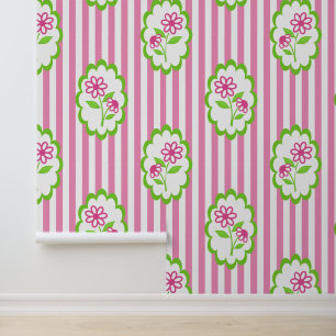 Hot Pink & Lime Floral Frame Cabana Stripe Wallpaper