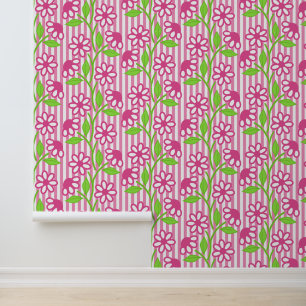 Hot Pink & Lime Floral on Cabana Stripes Wallpaper