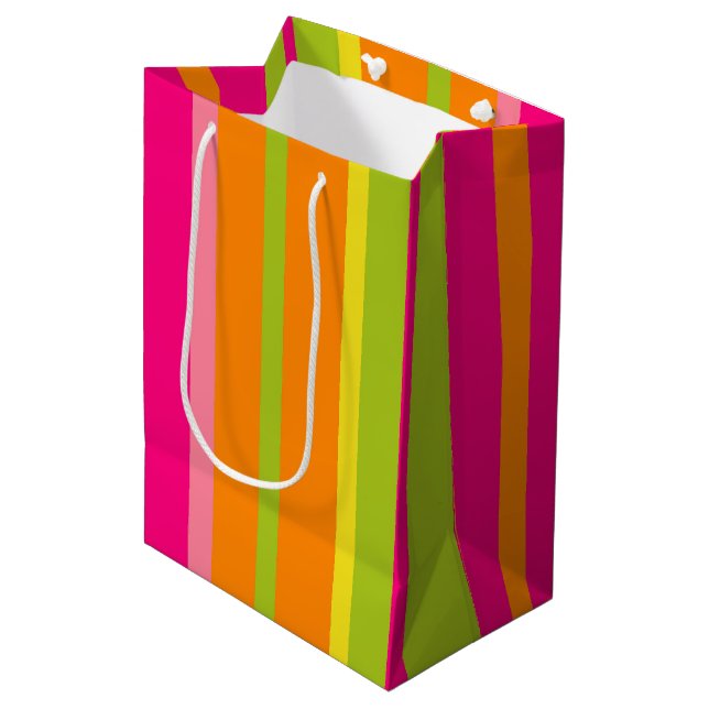 Hot Pink, Lime Green, and Orange Vertical Stripes Medium Gift Bag (Front Angled)