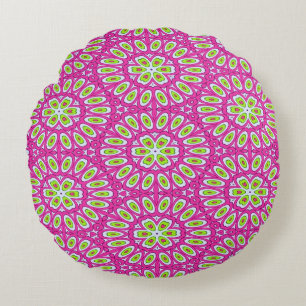 Hot Pink, Lime Green and White Round Cushion