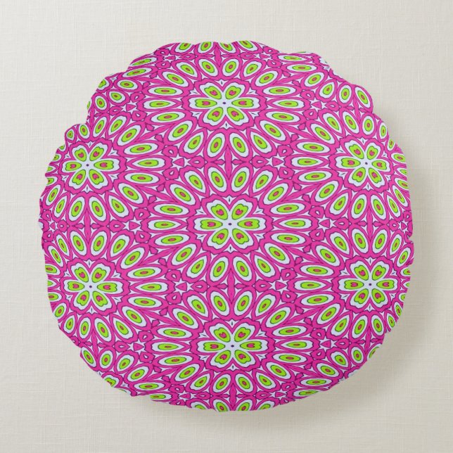 Hot Pink, Lime Green and White  Round Cushion (Front)