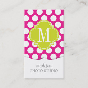Hot Pink & Lime Green Big Polka Dots Monogrammed Business Card