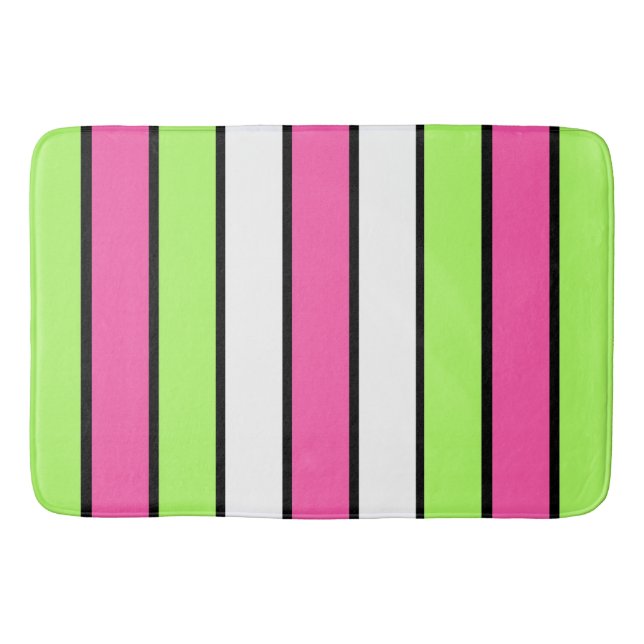 Hot Pink, Lime Green, Black and White Stripes Bath Mat (Front)