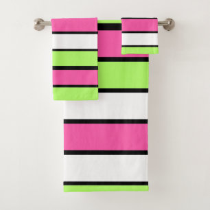Hot Pink, Lime Green, Black and White Stripes Bath Towel Set