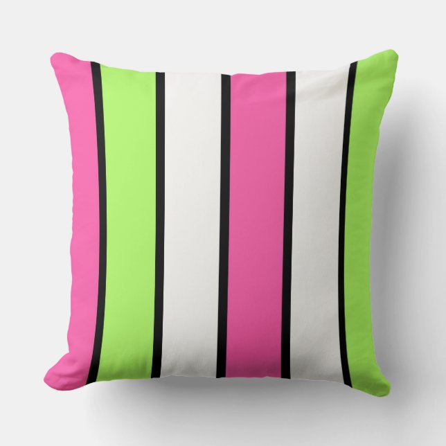Hot Pink, Lime Green, Black and White Stripes Cushion (Front)