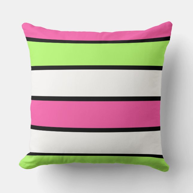 Hot Pink, Lime Green, Black and White Stripes Cushion (Front)