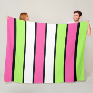 Hot Pink, Lime Green, Black and White Stripes Fleece Blanket