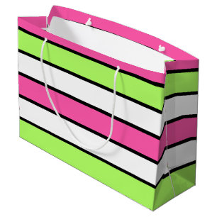 Hot Pink, Lime Green, Black and White Stripes Large Gift Bag