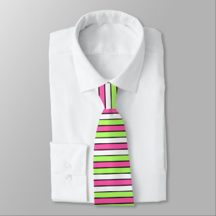 Hot Pink, Lime Green, Black and White Stripes Tie