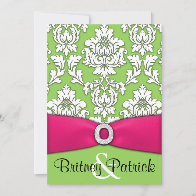 Hot Pink & Lime Green Damask Wedding Invitations (Front)