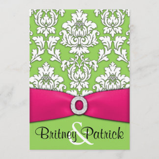 Hot Pink & Lime Green Damask Wedding Invitations