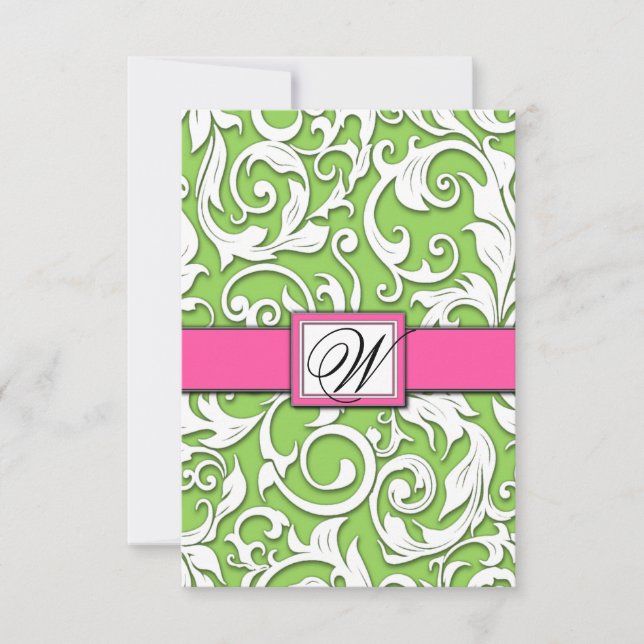 Hot Pink & Lime Green Damask Wedding RSVP Cards (Front)