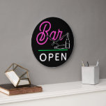 Hot Pink Lime Green White Retro Bar Open on Black Large Clock<br><div class="desc">Beautiful contemporary retro wall art clock with bright neon pink,  lime green,  and white coloured Bar Open typography and calligraphy script lettering design. Excellent wallclock for those who enjoy entertaining friends and family.</div>