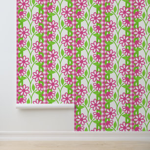 Hot Pink & Lime Maximalist Floral Scalloped Stripe Wallpaper
