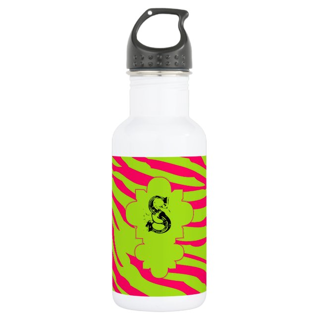 Hot Pink Lime Zebra Print 32. oz. 532 Ml Water Bottle (Front)