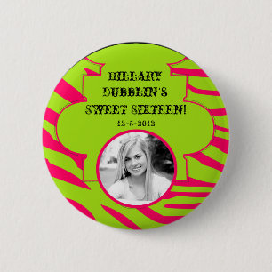 Hot Pink Lime Zebra Print Animal Photo Button