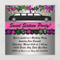 Hot Pink Limousine Sweet Sixteen Party Invitations