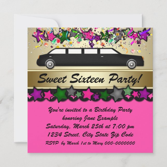Hot Pink Limousine Sweet Sixteen Party Invitations (Front)