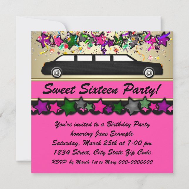 Hot Pink Limousine Sweet Sixteen Party Invitations (Front)