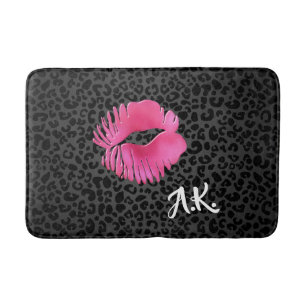 Hot Pink Lipgloss Kiss Black Leopard With Monogram Bath Mat
