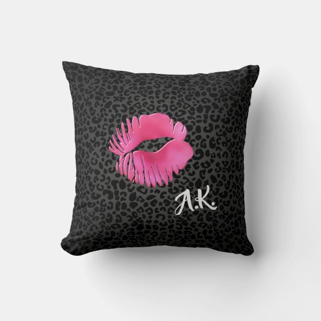 Hot Pink Lipgloss Kiss Black Leopard With Monogram Cushion (Front)