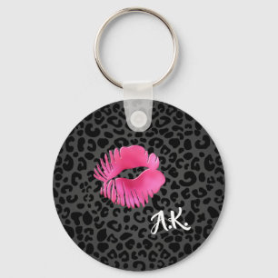 Hot Pink Lipgloss Kiss Black Leopard With Monogram Key Ring