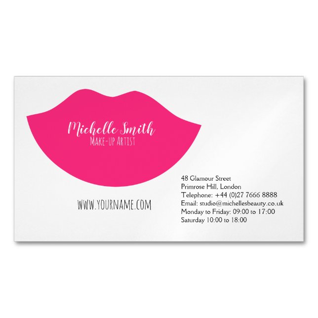 Hot Pink lips design Make-up artist Magnetic Business Card (Front)