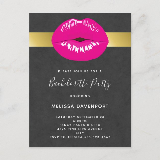 Hot Pink Lips Glamourous Bachelorette Invitation (Front)