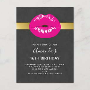 Hot Pink Lips Glamourous Birthday Invitation Postcard