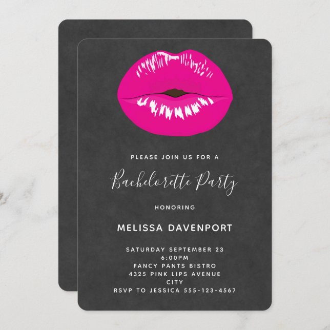 Hot Pink Lips Glamourous Illustration Bachelorette Invitation (Front/Back)