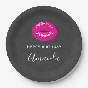 Hot Pink Lips Glamourous Illustration Birthday Paper Plate