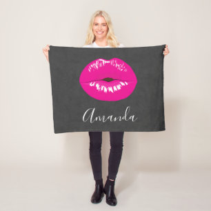 Hot Pink Lips Glamourous Illustration Fleece Blanket