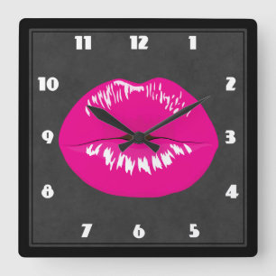 Hot Pink Lips Glamourous Illustration Square Wall Clock