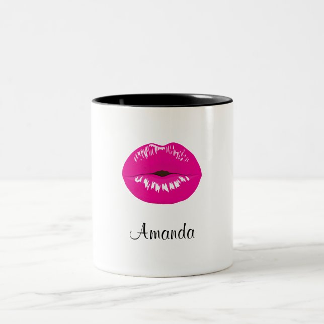 Hot Pink Lips Glamourous Illustration Two-Tone Coffee Mug (Center)