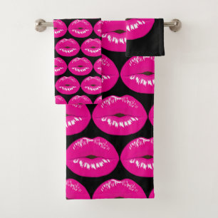 Hot Pink Lips Glamourous Pattern Bath Towel Set