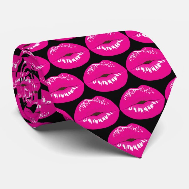 Hot Pink Lips Glamourous Pattern Tie (Rolled)