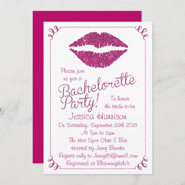 Hot Pink Lips Glitter Effect Bachelorette Party Invitation (Front/Back)