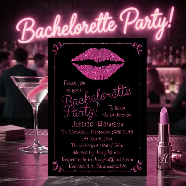 Hot Pink Lips Glitter Effect Bachelorette Party Invitation (Creator Uploaded)